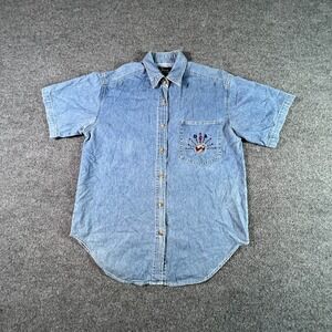 Vintage Quizz Again Blue Denim Shirt Womens Small USA Embroidered Button Front